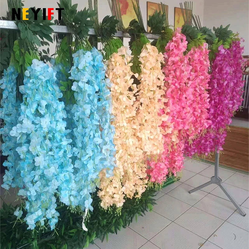 12pcs Fashion Wisteria Artificial Flowers Vine Wreath Wedding Arch Decoration Leaf Rattan Trailing Silk Flower Ivy Wall Decor Pl