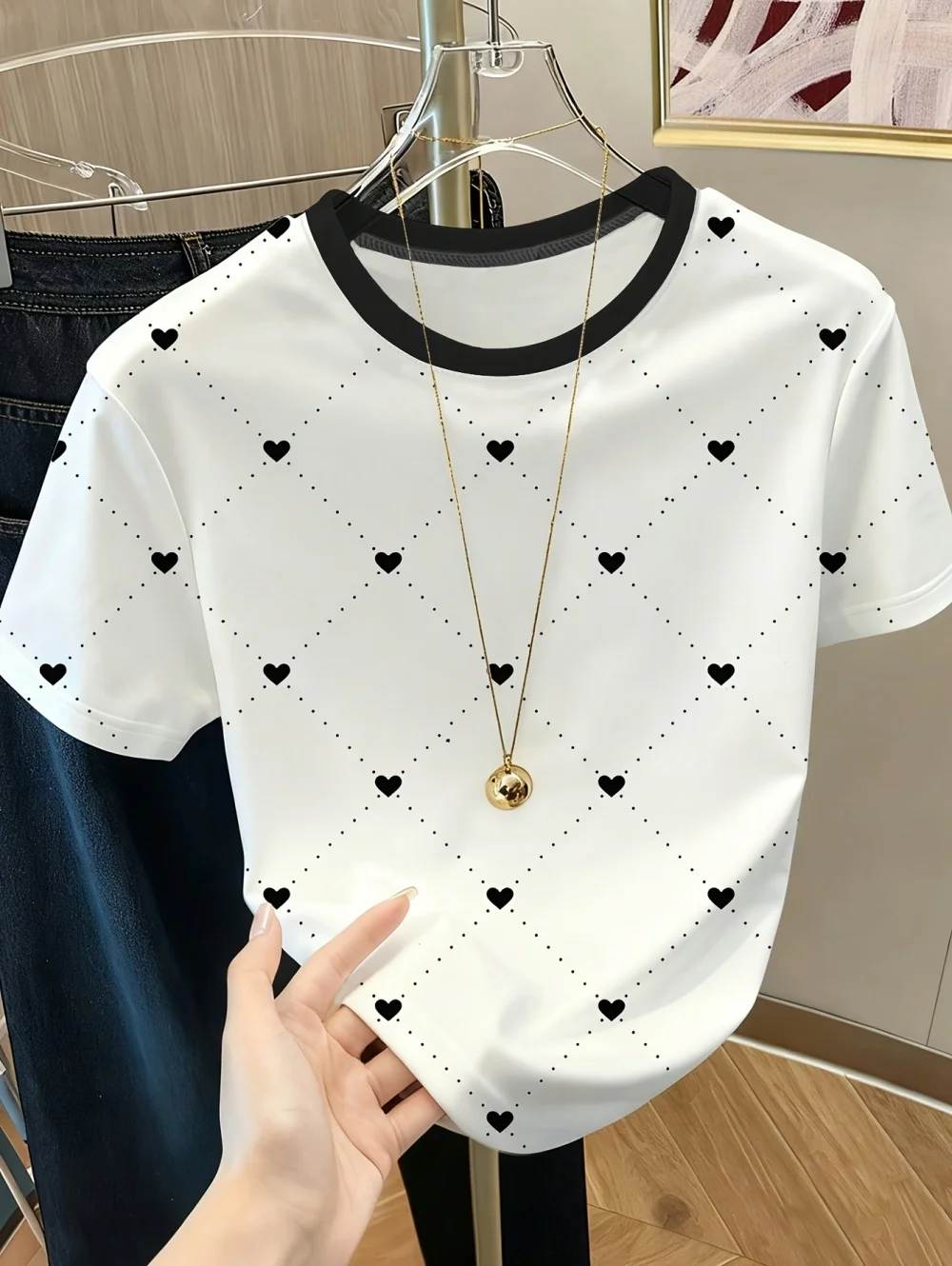 Damen Casual Gestreiftes Bedrucktes T-Shirt Kurzarm Mode Einfaches Herzförmiges Grafik-T-Shirt Urlaub Sommer Damenkleidung – Detail 3