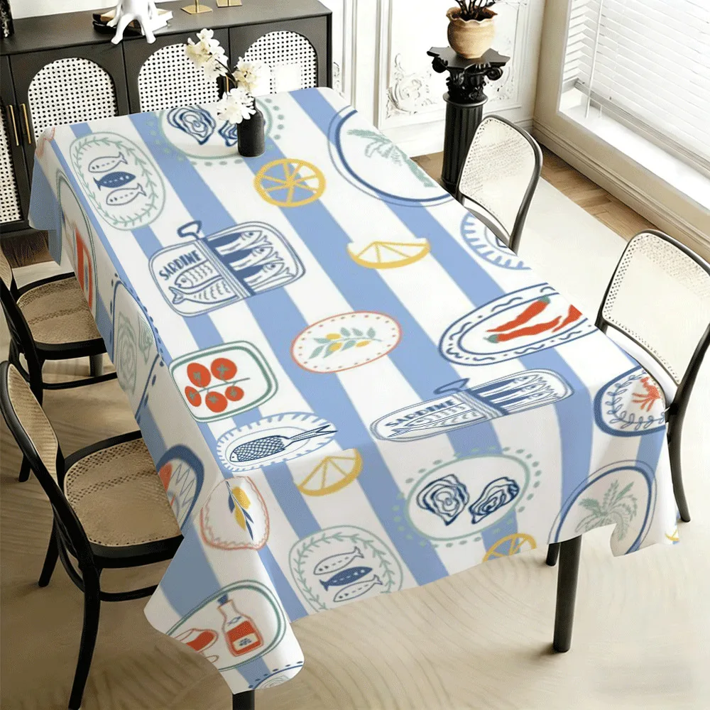 Blue White Striped Seafood Rectangle Tablecloth for Table Decor Washable Fruit Lemon Print Kitchen Dining Table Cloth for Party