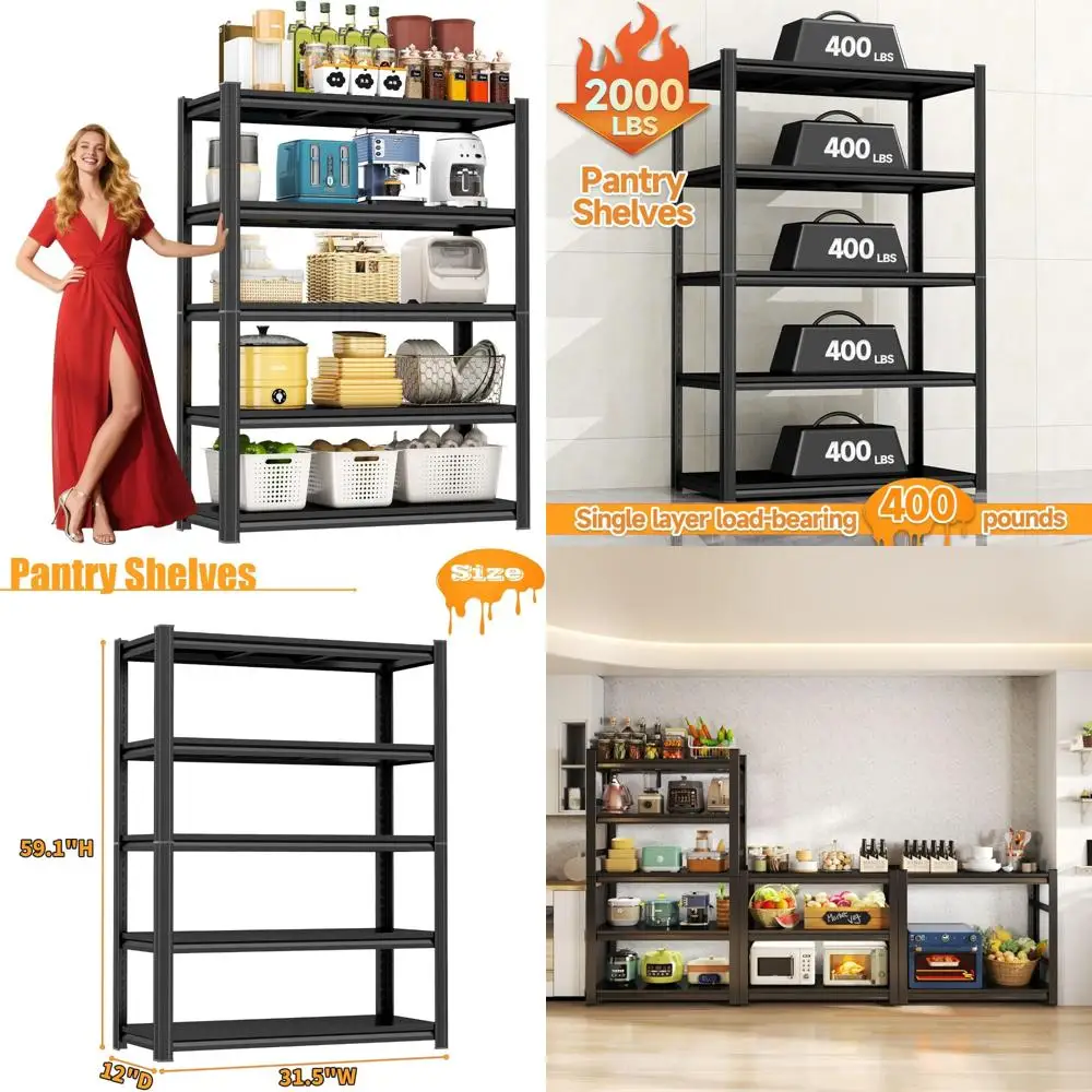 Adjustable Metal 5-Tier Shelving Unit, Heavy Duty Storage Rack, Detachable Shelves, 2000lbs Capacity, Utility Organizer for Home