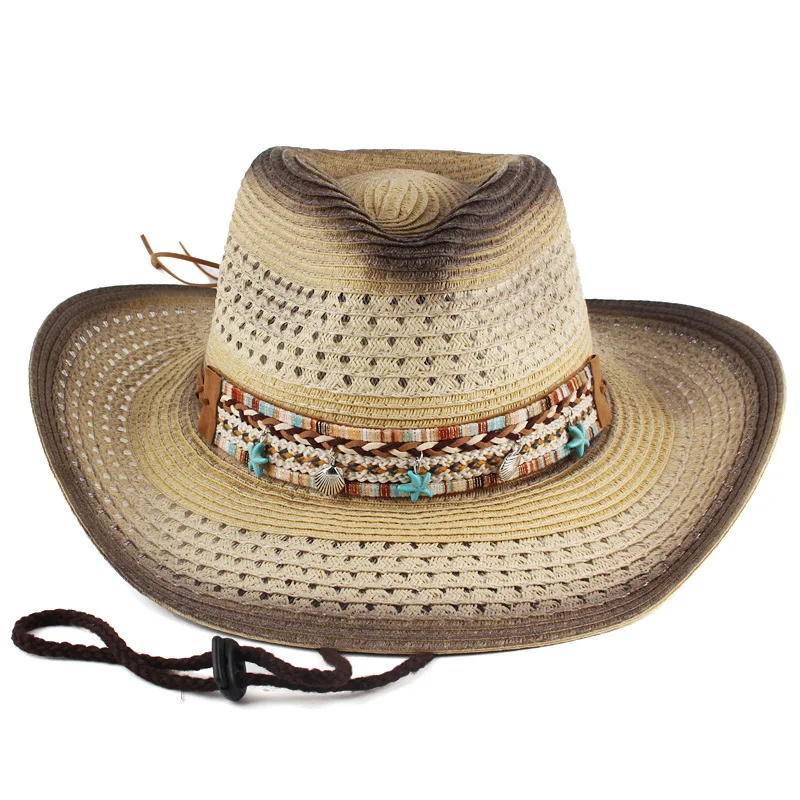 Women's Summer Bohemian Style Straw Hat Ethnic Style Curved Brim Cowboy Hat Outdoor Country Sunshade Straw Hat Sun Hat