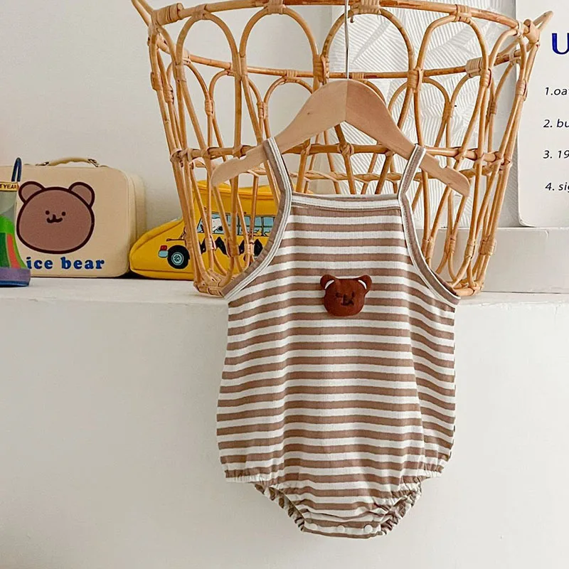

2024 New Summer Baby Girls Bodysuit 0-2T Thin Style Toddler Cute Bear Striped Jumpsuit Infant Boys Sling One Piece