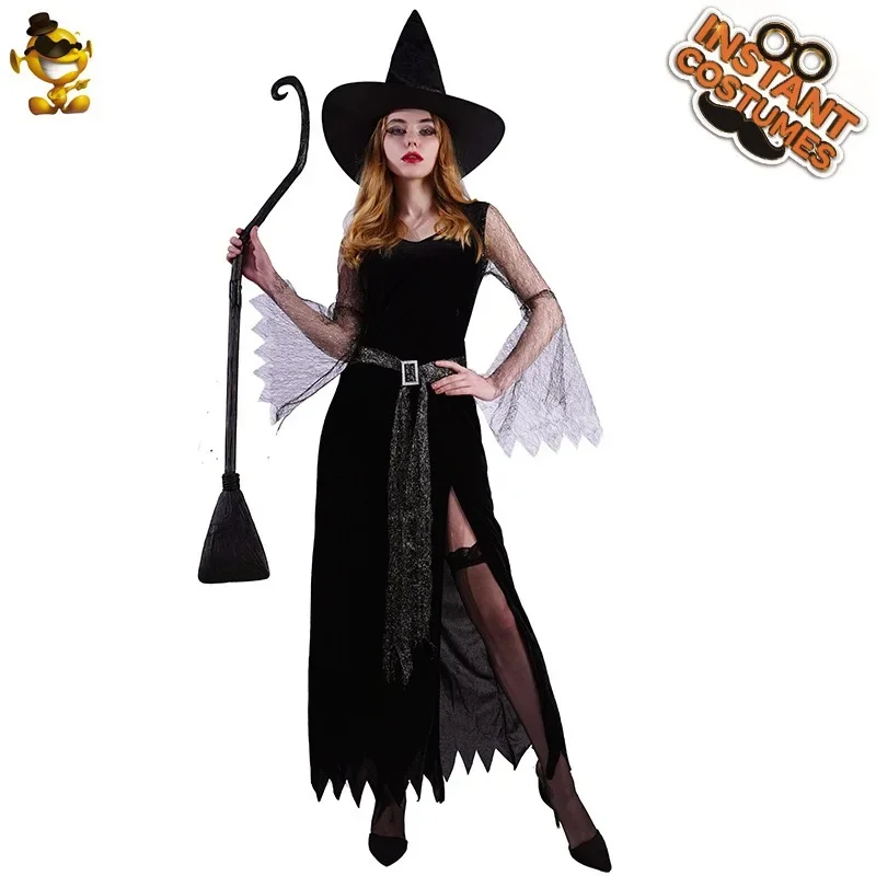 Witch Costume Adult Women Black Dress Hat Belt Halloween Cosplay Party Outfit Stage Show Performance Wear 2024 Fancy Suit