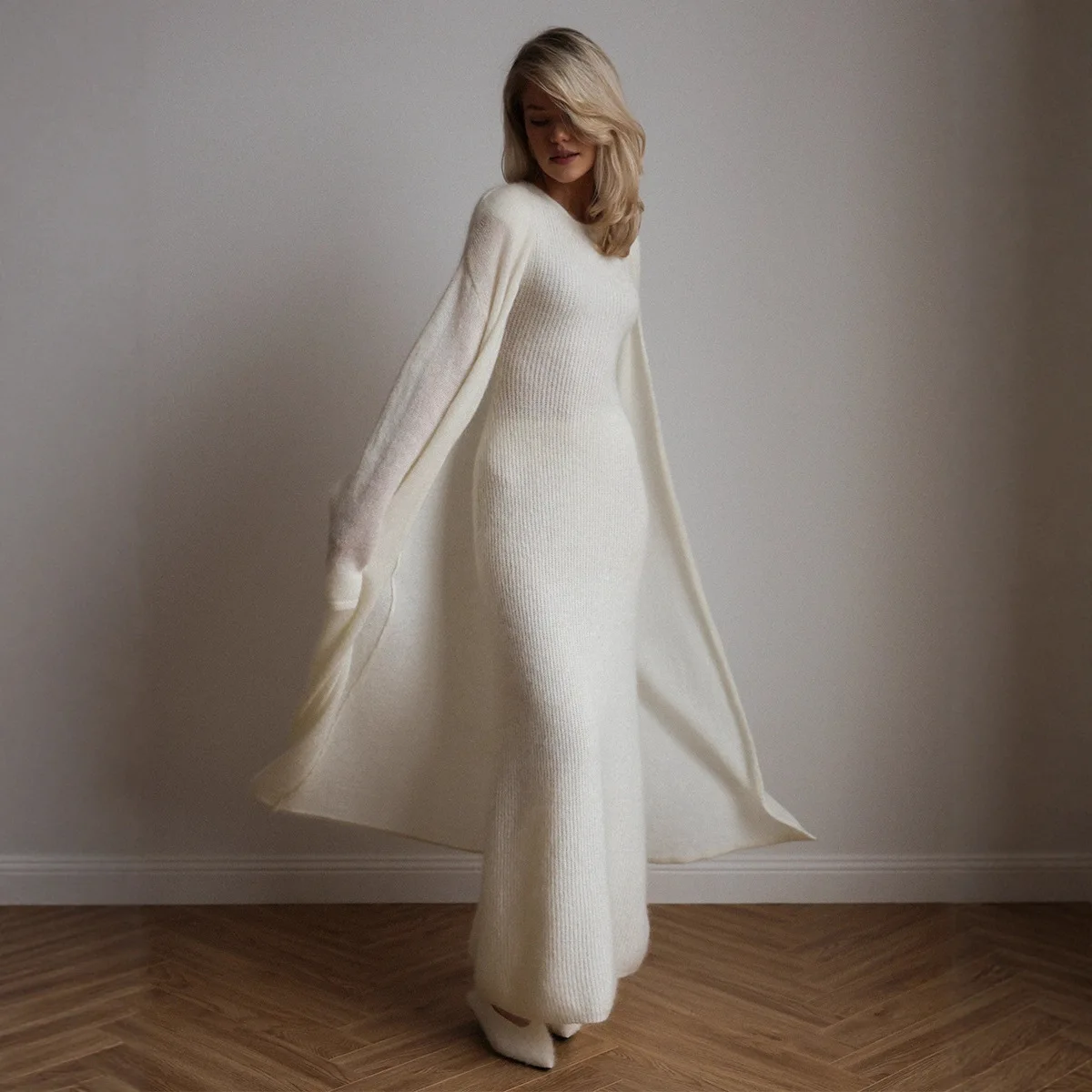 Women Solid Knit Two Piece Outfit Long Open Front Cardigan + Round Neck Sleeveless Maxi Dress Elegant Casual Sweater Set 260701