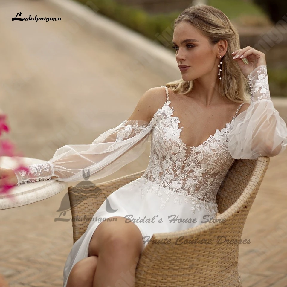 Lakshmigown-vestidos de novia bohemios de manga larga para mujer, ropa de boda Sexy de gasa, línea A, para la playa, 2023