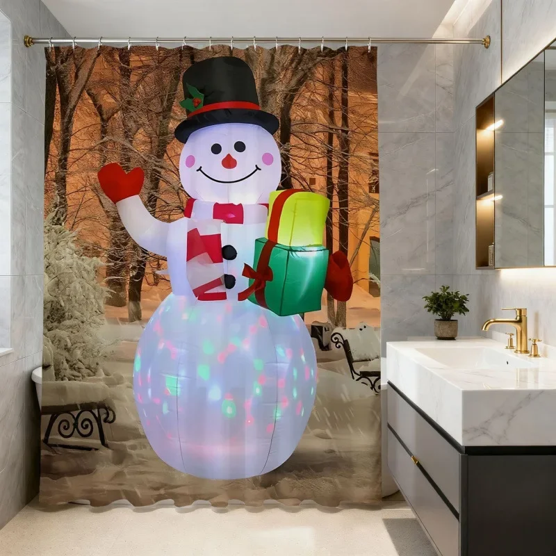 Christmas Shower Curtain Snowman Gingerbread Man Santa Xmas Tree Reindeer Waterproof Bath Curtain Holiday Decor w Hook
