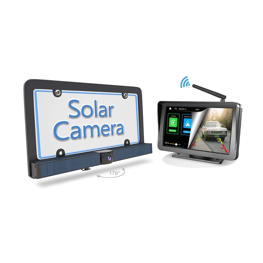 Wireless Solar Rear View Monitor US License Plate Camera With 7Inch Navigation Touchscreen Portable Car Play Android Auto Screen