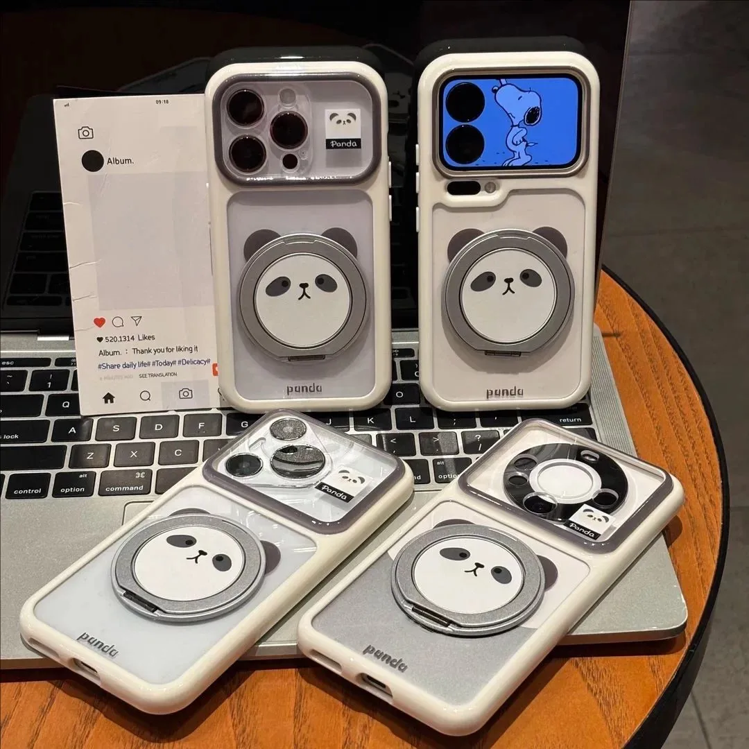 Cute Panda Rotatable Ring Kickstand Phone Case For iPhone 17 Air 16 15 14 Plus 13 12 11  Pro Max Clear Transparent Bumper Cover