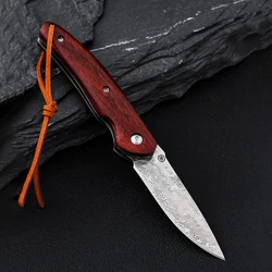 High Hardness Damascus Folding Knife Multifunctional Small Tactical Survival Jackknife Wood Handle Outdoor Hunting Pocket Knives