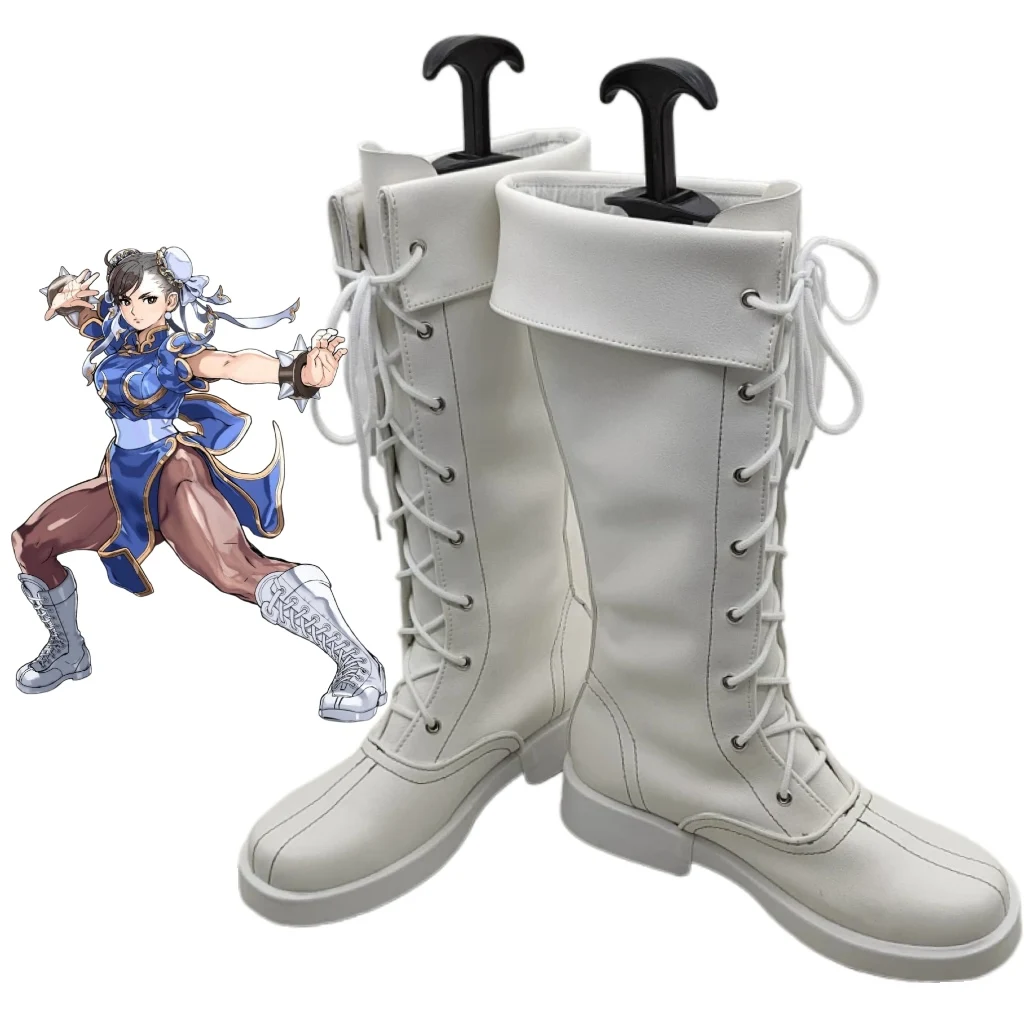 Chun Li Cosplay Costume Shoes Boots Anime Game Street Fighter SF Chun-Li Halloween Party PU Leather White Boots