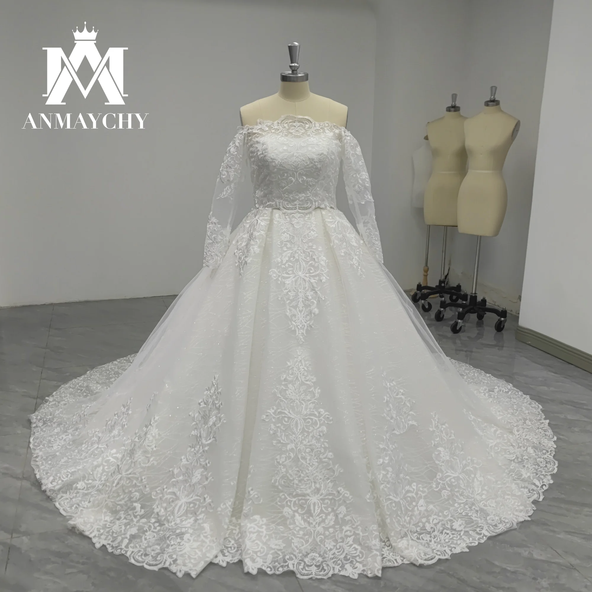 ANMAYCHY a-line فستان الزفاف 2023 مع أكمام طويلة سترة بلا حمالات زين دانتيل ذيل شابيل فستان الزفاف Vestidos De Novia