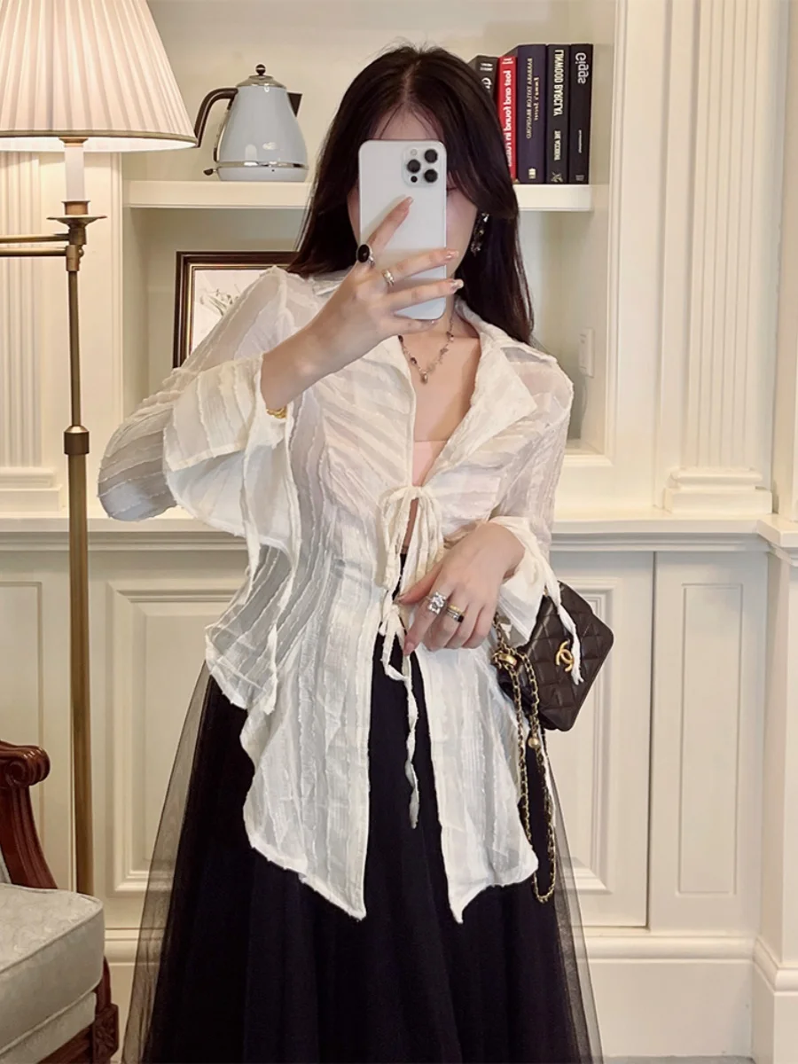 

Элегантный асимметричный кардиган с V-образным вырезом, защитой от солнца, белый, сексуальный, приталенный, с завязками, из шифона, открытый, топ-кардиган