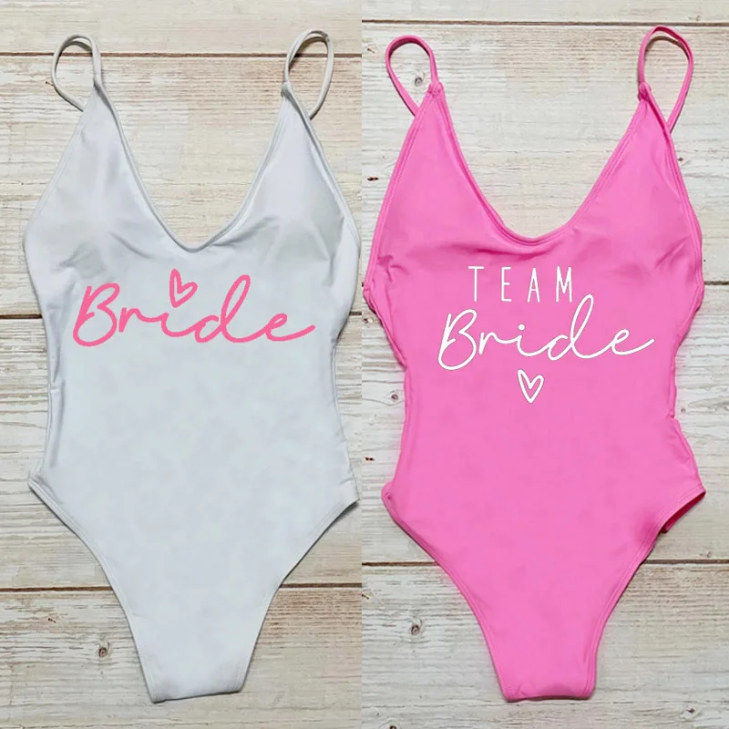 Team Bride Heart Print Swimwear Women One Piece Swimsuit Sexy Padded Bathing Suit Woman Swimming suit Bachelor Party Beachwear