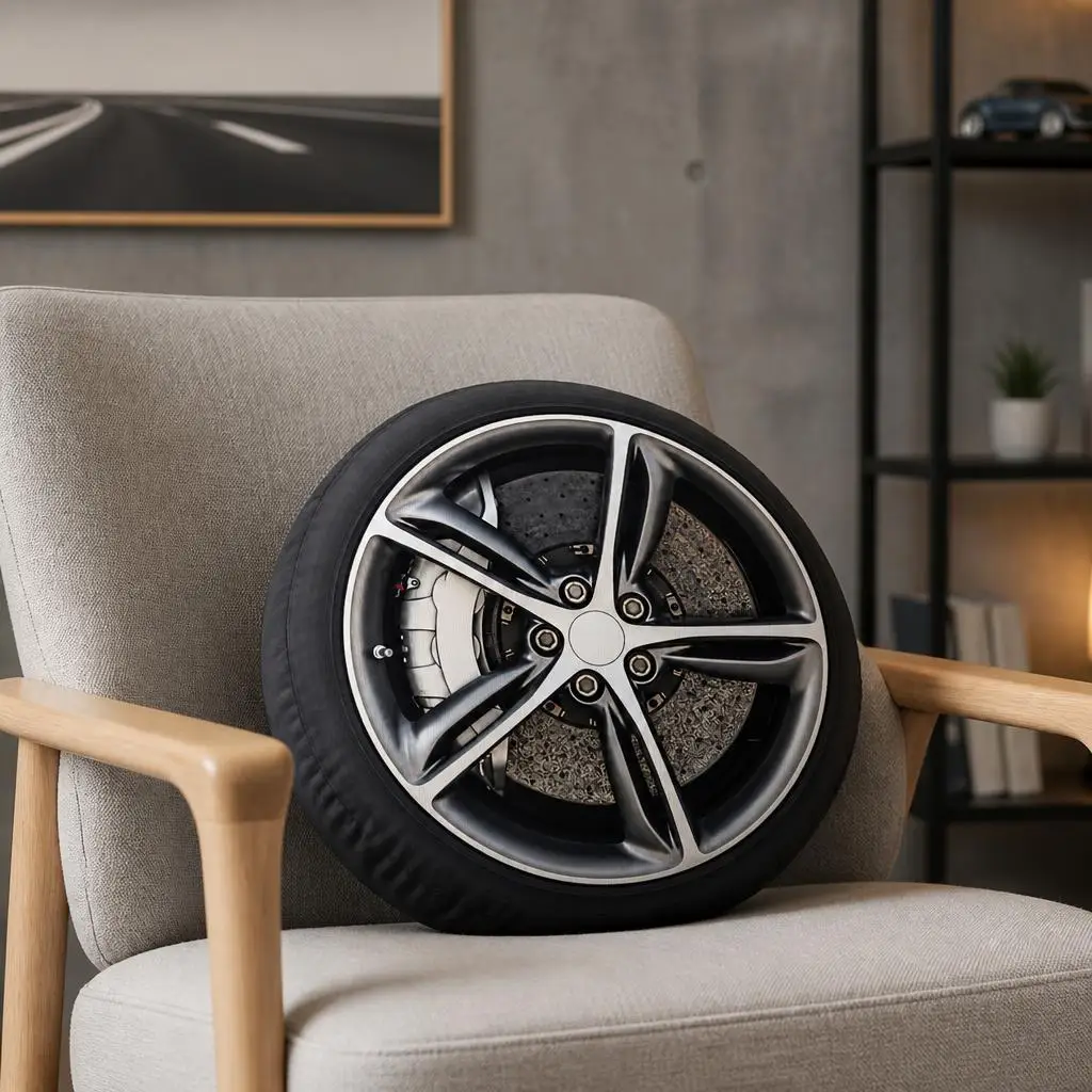 Sports Car Wheel Plush Pillow with Alloy Rim and Brakes Automotive Throw Cushion for Car Enthusiast Home Decor Gift Sofa