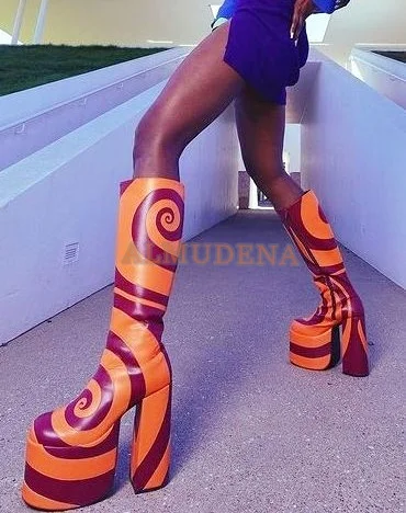 Swirl Print Knee High Platform Boots Round Toe Block Square Heel Black\White\Orange Women Tall Boot Plus Size Sexy Fall Shoes