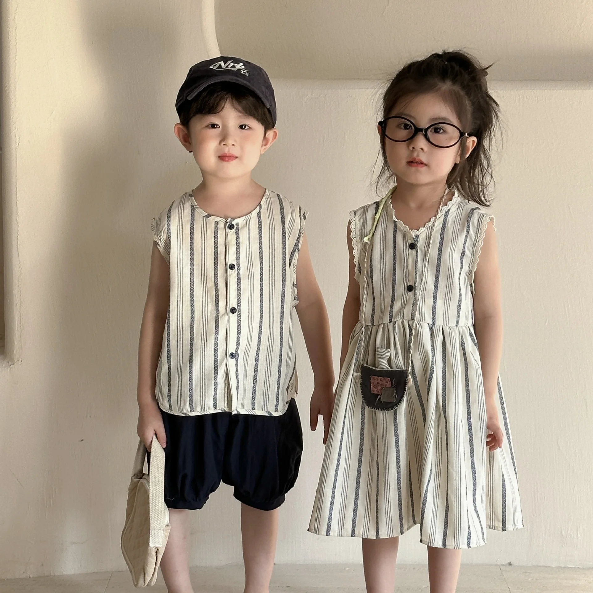 

2025 Summer Children's Clothing Girls Striped Dresses Or Boys Sleeveless Shirts Shorts 2Pcs Sets Brother Sister Clothes