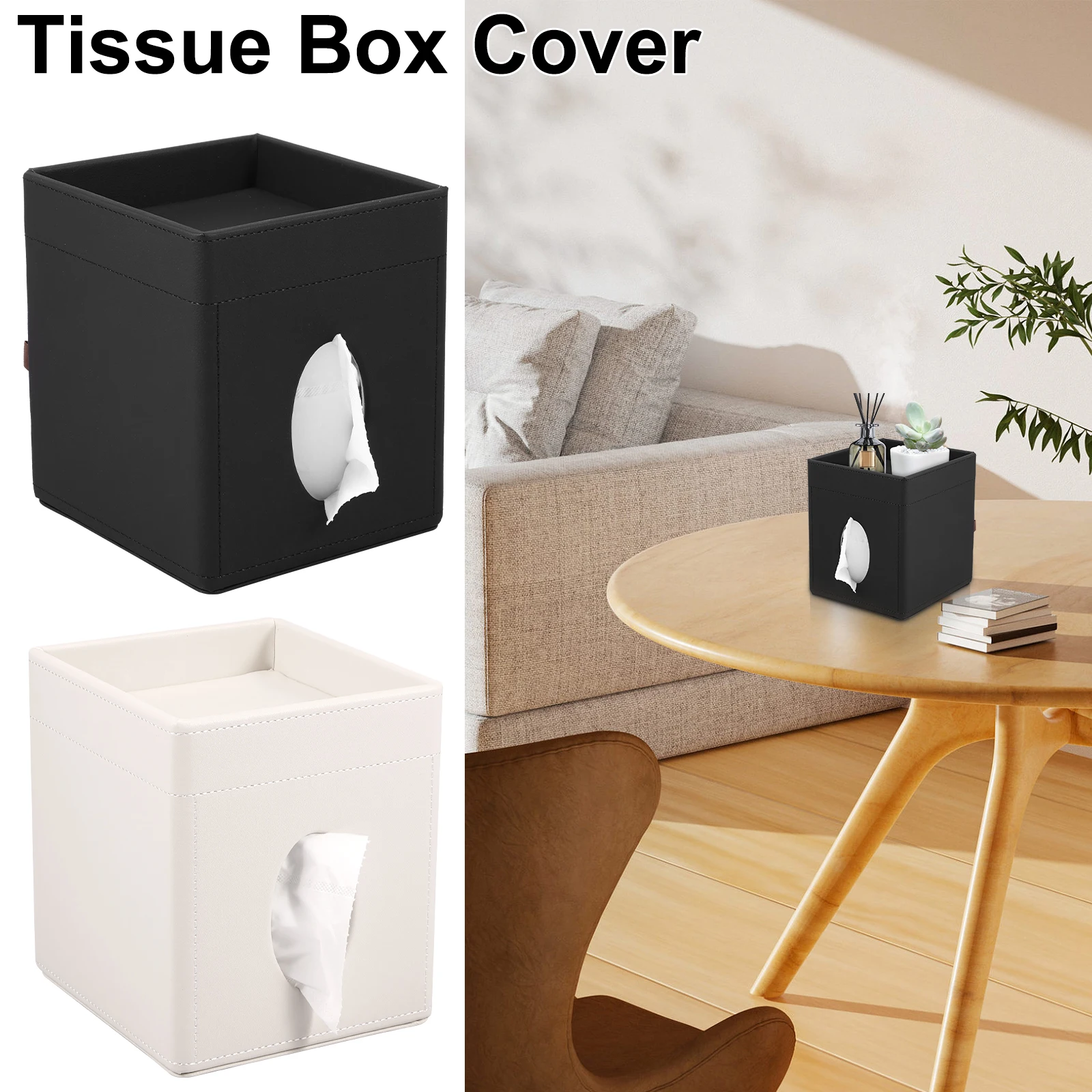 Tissue Box Cover PU Leather Tissue Box Holder with Storage Tray Stylish Tissue Box Organizer Multifunctional Tissues Storage Box