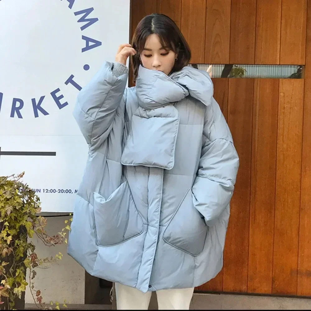 

White Duck Down Coat Women Round Neck Loose Thicken Parkas Warm Outwear 2024 Winter New Fashion Female Scarf OverSize Jacket