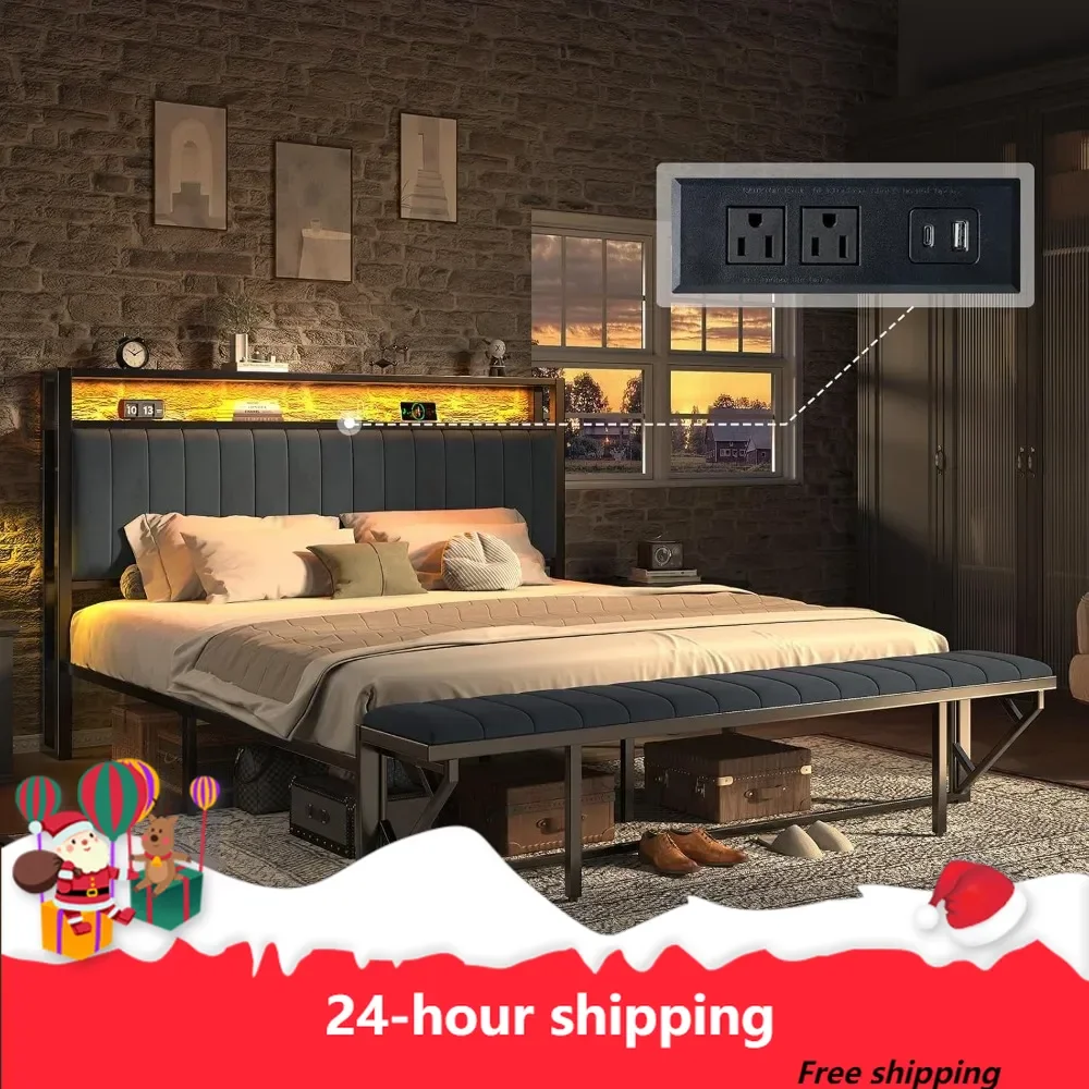 

King Bed Frame with Foldable Ottoman, Velvet Upholstered Headboard with Bench, LED Lights, Charging Station and Storage Shelves