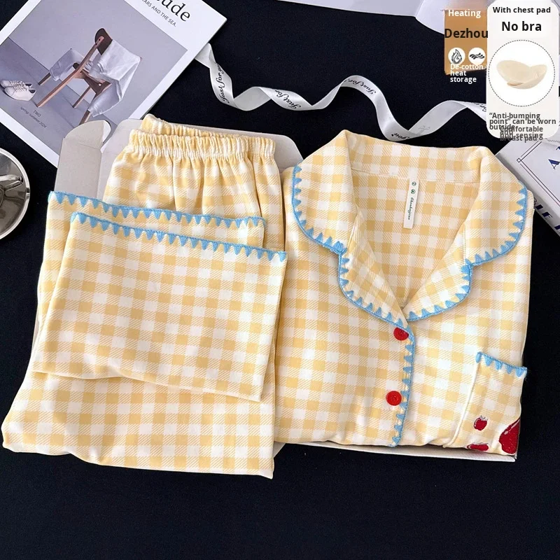 Winter New Female Nightgowns with Lapel Cartoon Chest Pad No Neckline Lovely Warm Home Clothing Suit Autumn