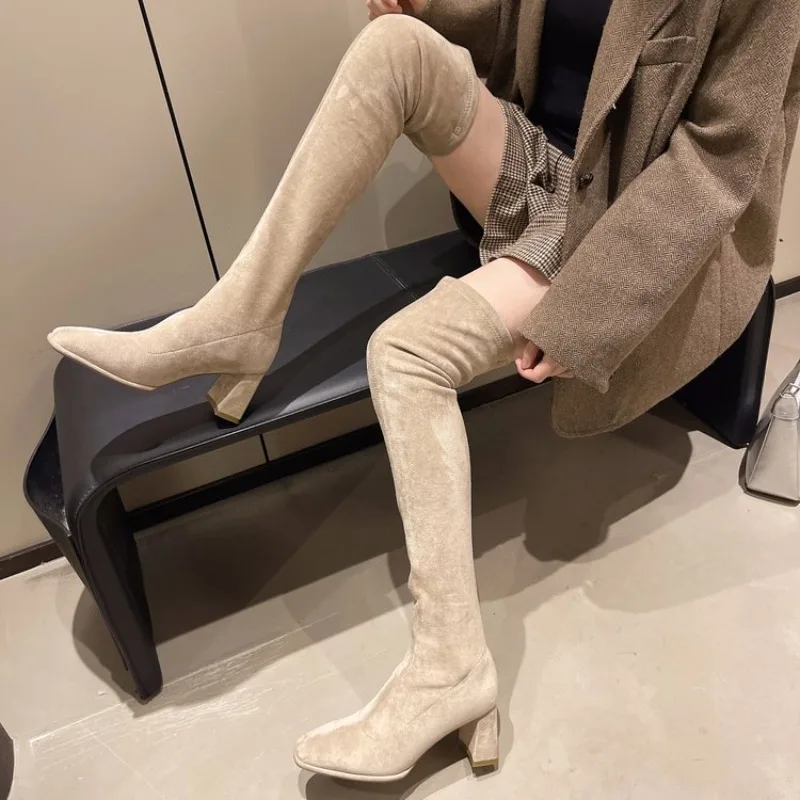 Botas Altas de Ante con Punta Redonda, Antideslizantes, Resistentes al Desgaste, de Caña Alta, Elásticas y Ajustadas, para Otoño e Invierno
