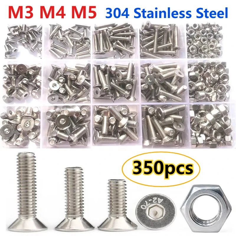 350pcs Allen Key Head Screw M3M4M5 304 Stainless Steel Allen Hexagon Hex Socket Flat Countersunk Head Screw Bolt Nut Set Kit Box