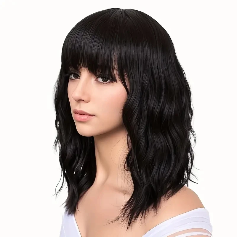 

Black Wigs With Bangs For Women 14 Inches Synthetic Curly Bob Wig For Girl Natural Looking Wavy Wigs