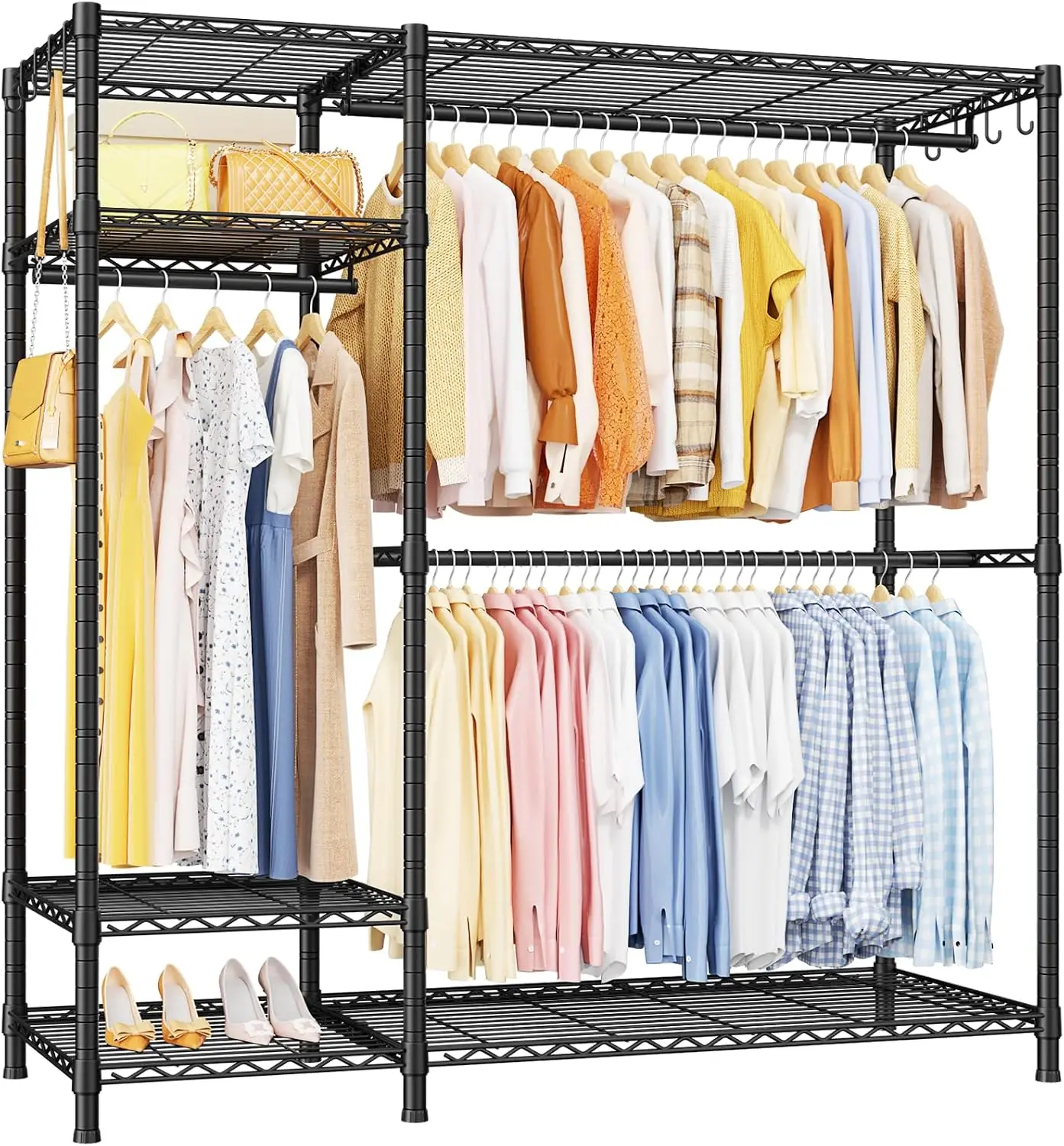 Heavy Duty Clothes Rack Multi Tier Garment Storage Stand Portable Wardrobe Closet Organizer Unit Freestanding Metal Coat Hanger Rack For Bedroom Laundry Walk In Closet Black