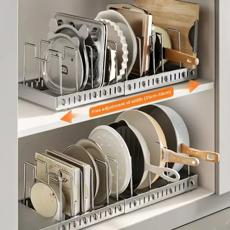 Stainless Steel Pot Organizer Kitchen Cabinet Telescopic Rack for Cookware Lid Space Saving Bowls Shelf Rustproof Drawer Stand