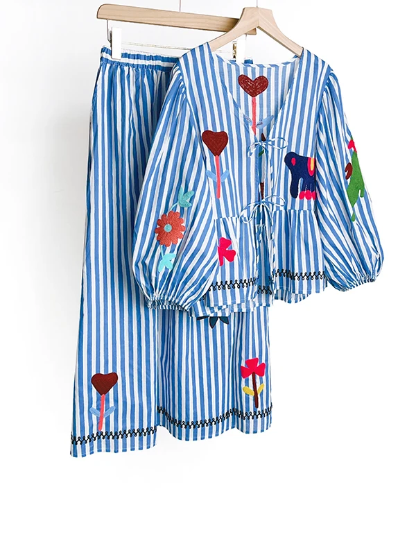 Nordic verão artístico azul listrado bonito animal flor retalhos v-ne com cinto irt f saia conjunto feminino faion conjunto