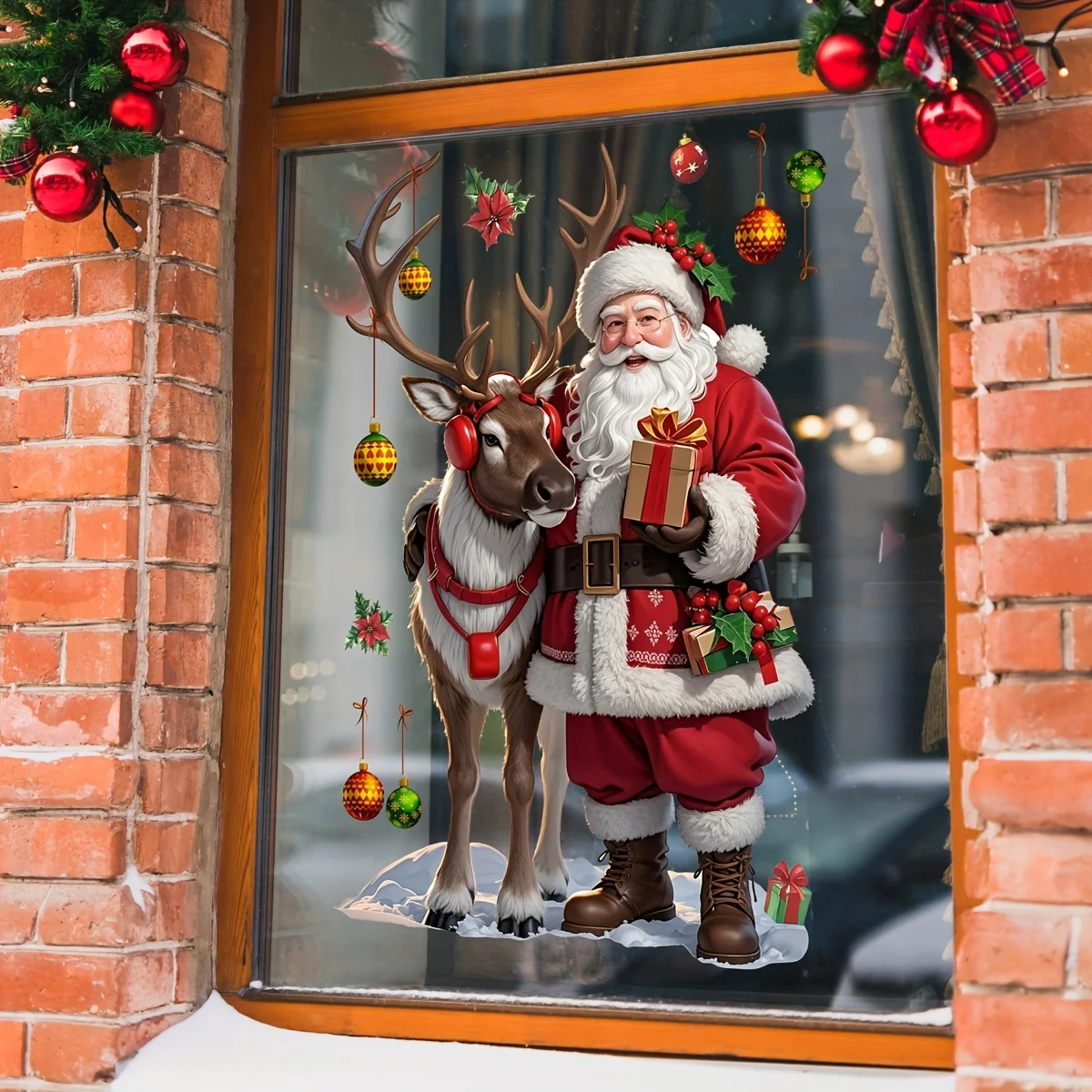 Self-Adhesive Removable Double-Sided Christmas Window Sticker Santa Claus Reindeer Holly and Snowball PVC Sticker Winter Decor view 2