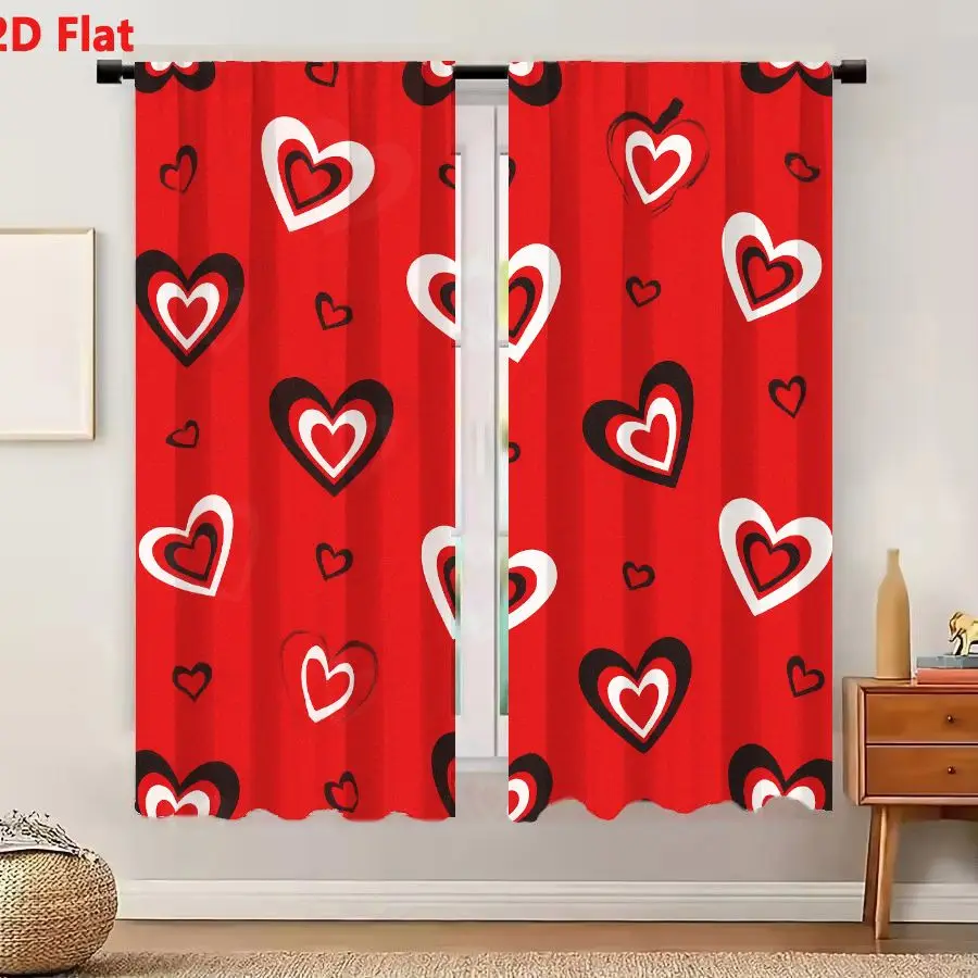 2Pcs Curtains 2D Flat Seamless Pattern Solid Red Background With Various Black White Red Heart Shapes In Different Sizes And Des