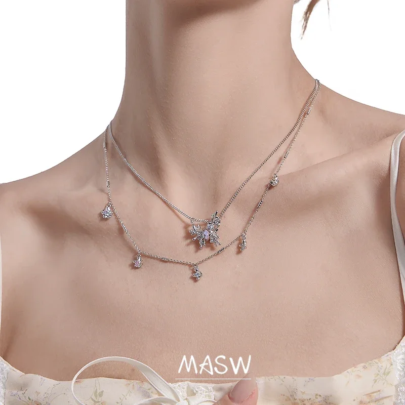 

MASW Original Design Thick Silver Plated Two Layer Chain Butterfly Necklace For Girl Women Fashion Jewelry Gift 2024 New