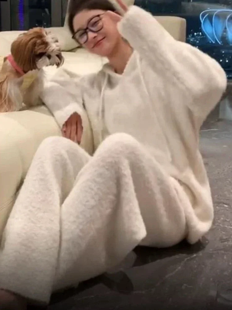 Flannel Pajama Sets Women Winter Hooded Sleepwear Thicken Warm Casual Baggy Home Ulzzang Simple Loungewear Fashion Comfortable image 5