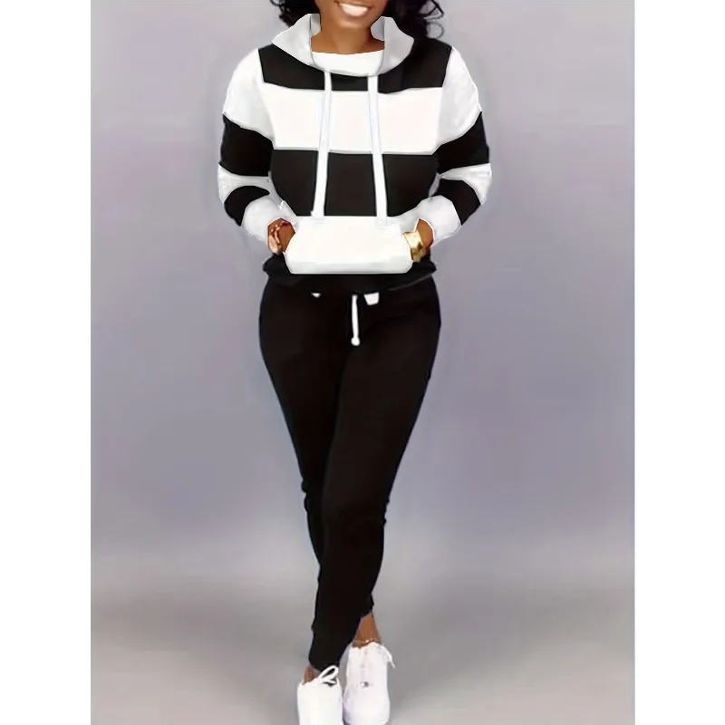 Осенне-зимний комплект из двух предметов для женщин в европейскую и американскую черно-белую полоску с 3D-принтом и брюки