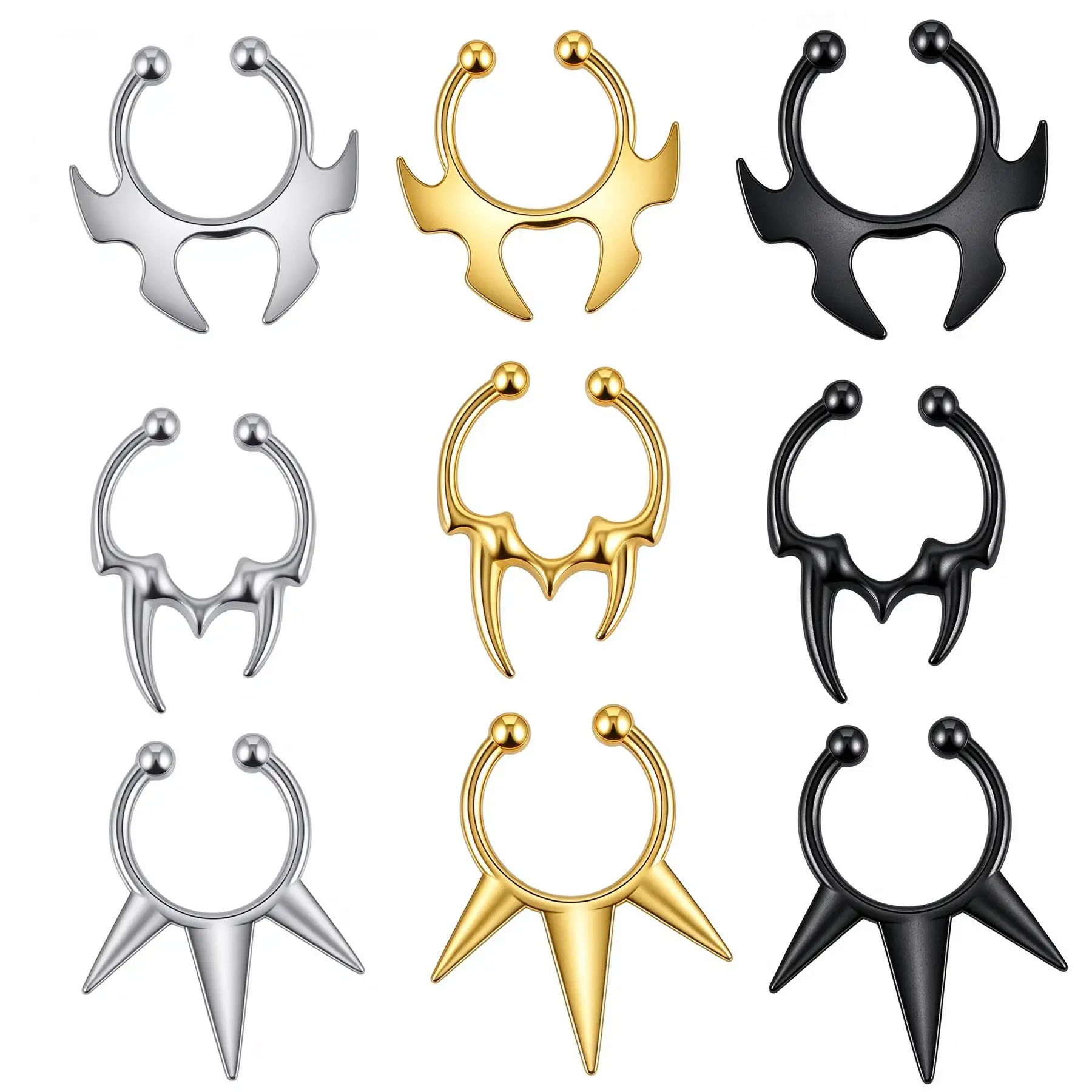 3pcs Stainless Steel Fake Septum Ring Non-Piercing Clip-On Nose Hoop Jewelry Bat Fang & Spike Designs for Women and Men