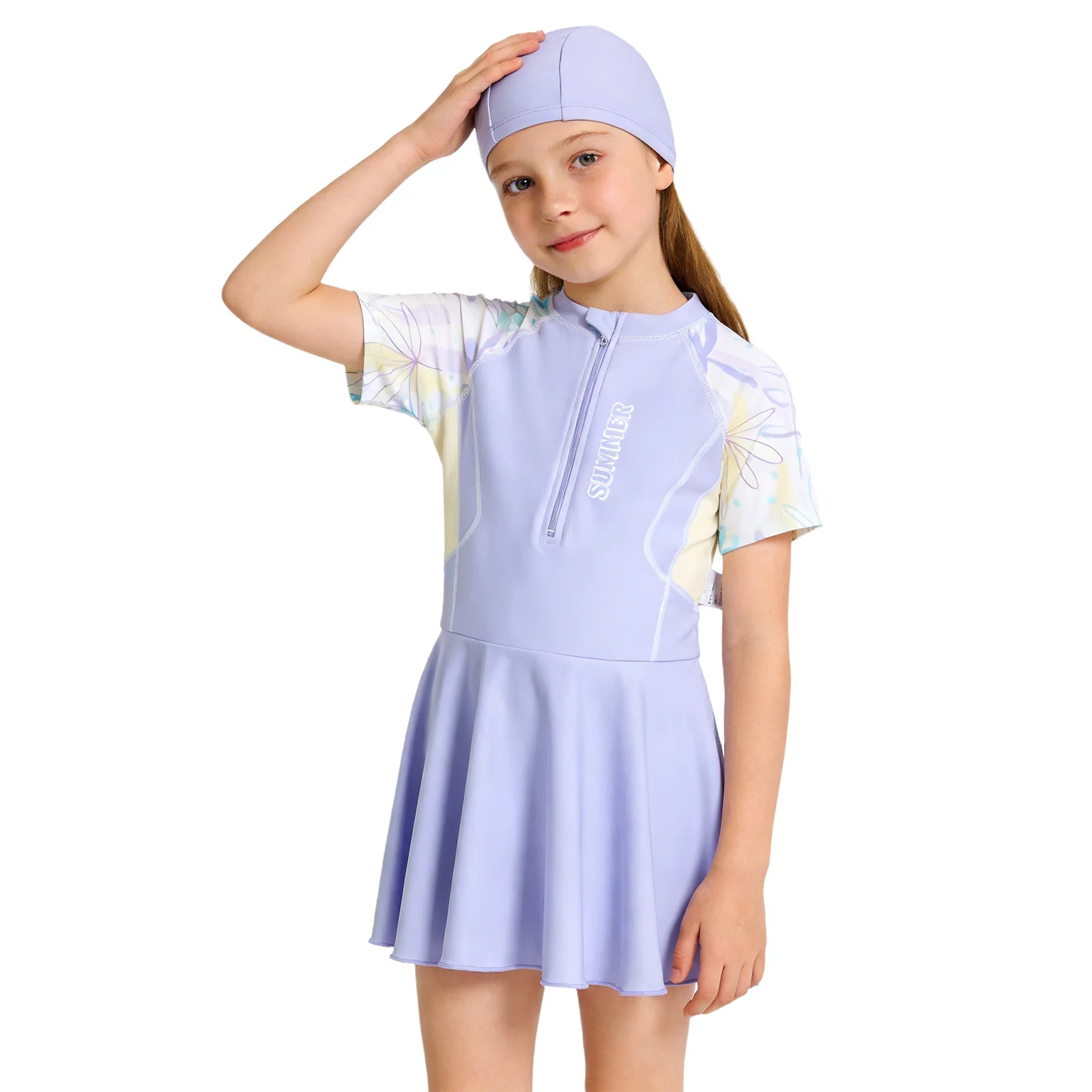 Kids Girls Swimsuit Dress Short Sleeve A-line Mini Ruffle Dress Build-In Shorts Swimsuit with Swimming Hat for Water Sports Pool