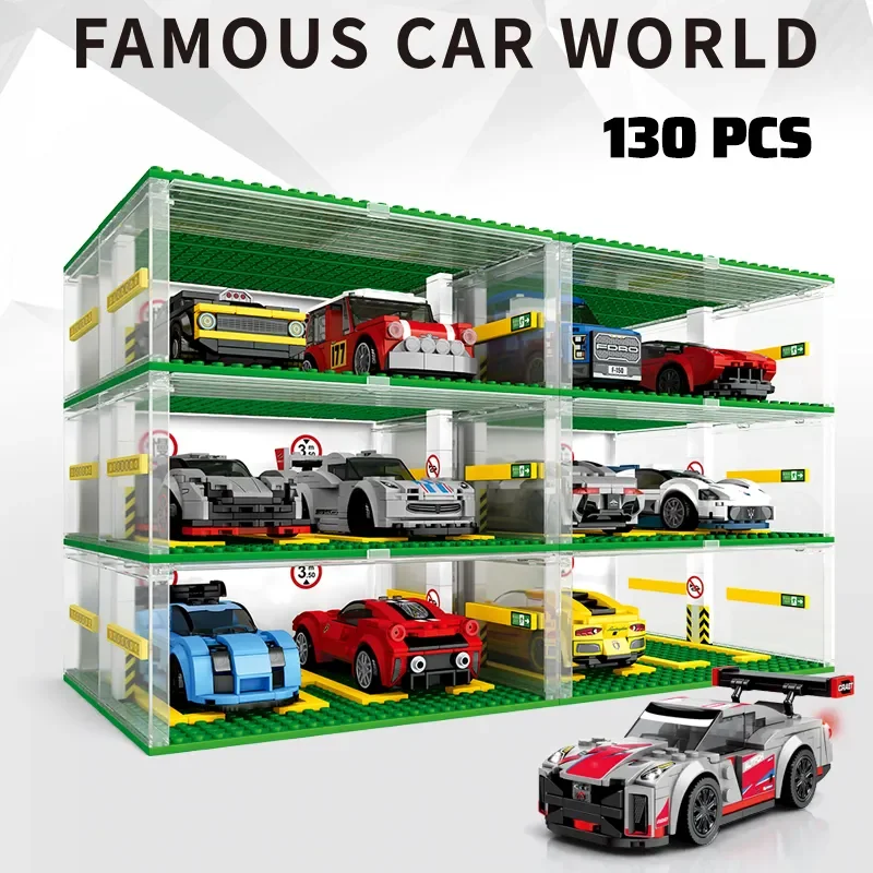 City Speed Champions Sports Cars Garage Building Blocks MOC Supercar Racing Parking Lot DIY Vehicle Storage Box Bricks Kids Toys