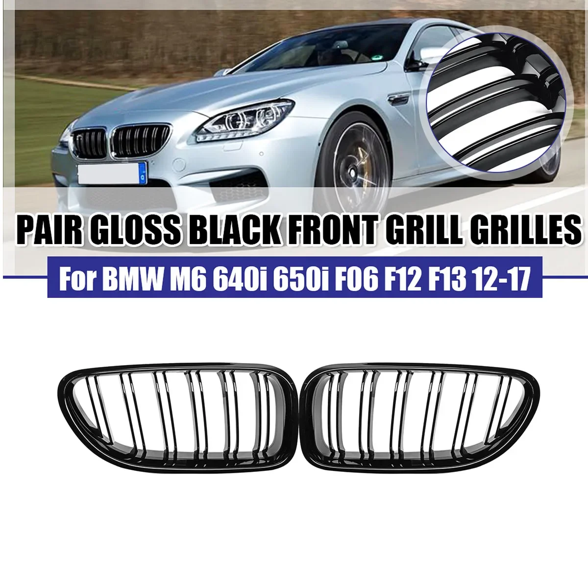 Glossy Black Car Front Bumper Grille For BMW 6 series F06 F12 F13 M6 640i 650i 2012-2017 Double Slat Front Kidney Racing Grille