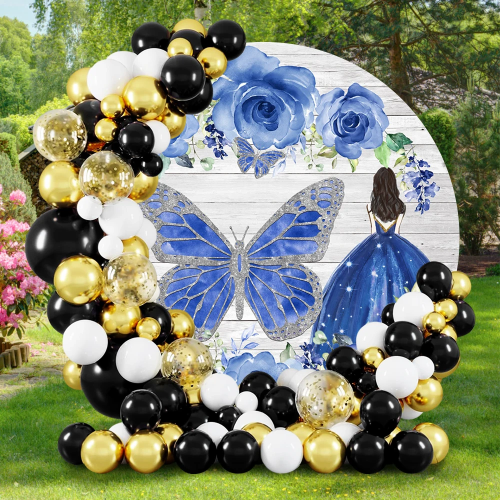 Girls Dress Round Backdrop Cover Colorful Flowers Butterfly 15th Birthday Party Decor Queen Princess Portrait Photo Background