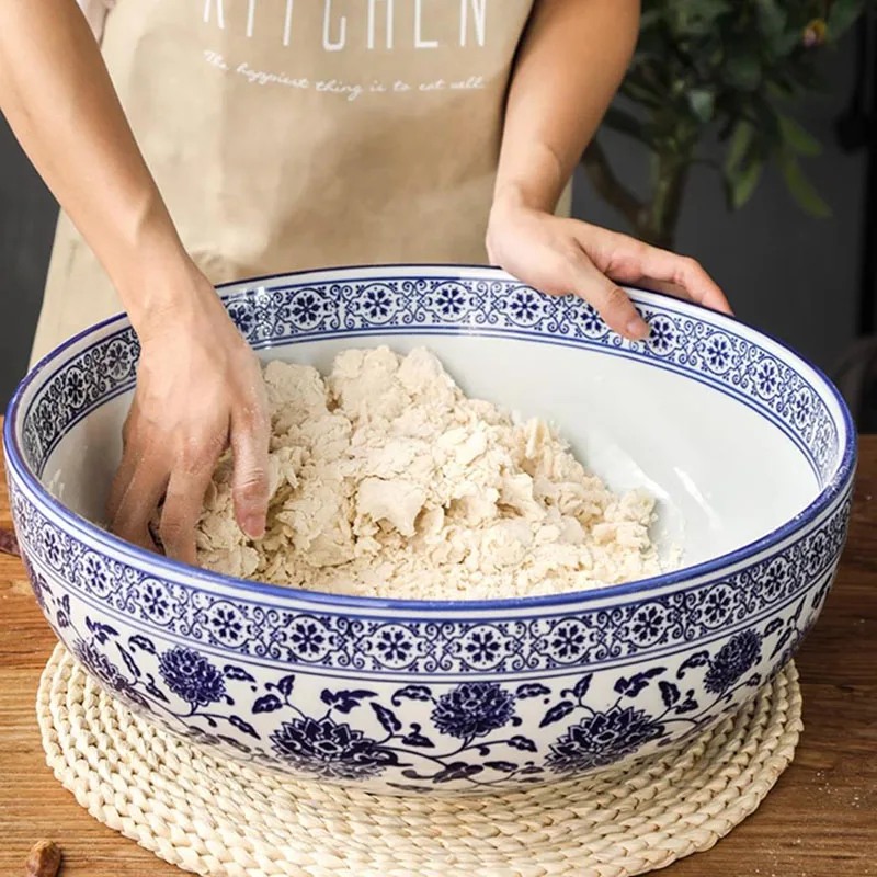 Chinese Ceramic Big Bowl Blue and White Porcelain Ramen Soup Bowls Salad Bowl Pickled Cabbage Fish Boiled Fish Hotel Tableware