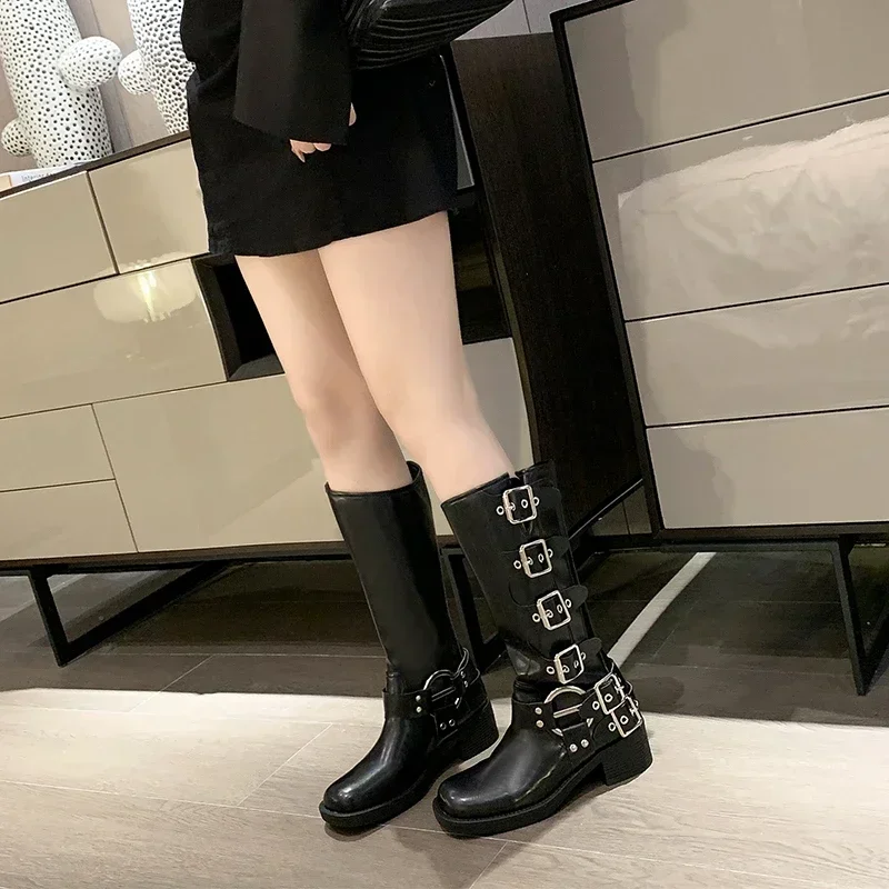 Woman Boots Knee High Platfrom Studded Spring Summer Knight Combat Gothic Elegant Medium Heel Women\'s Shoes Motorcycle Footwear