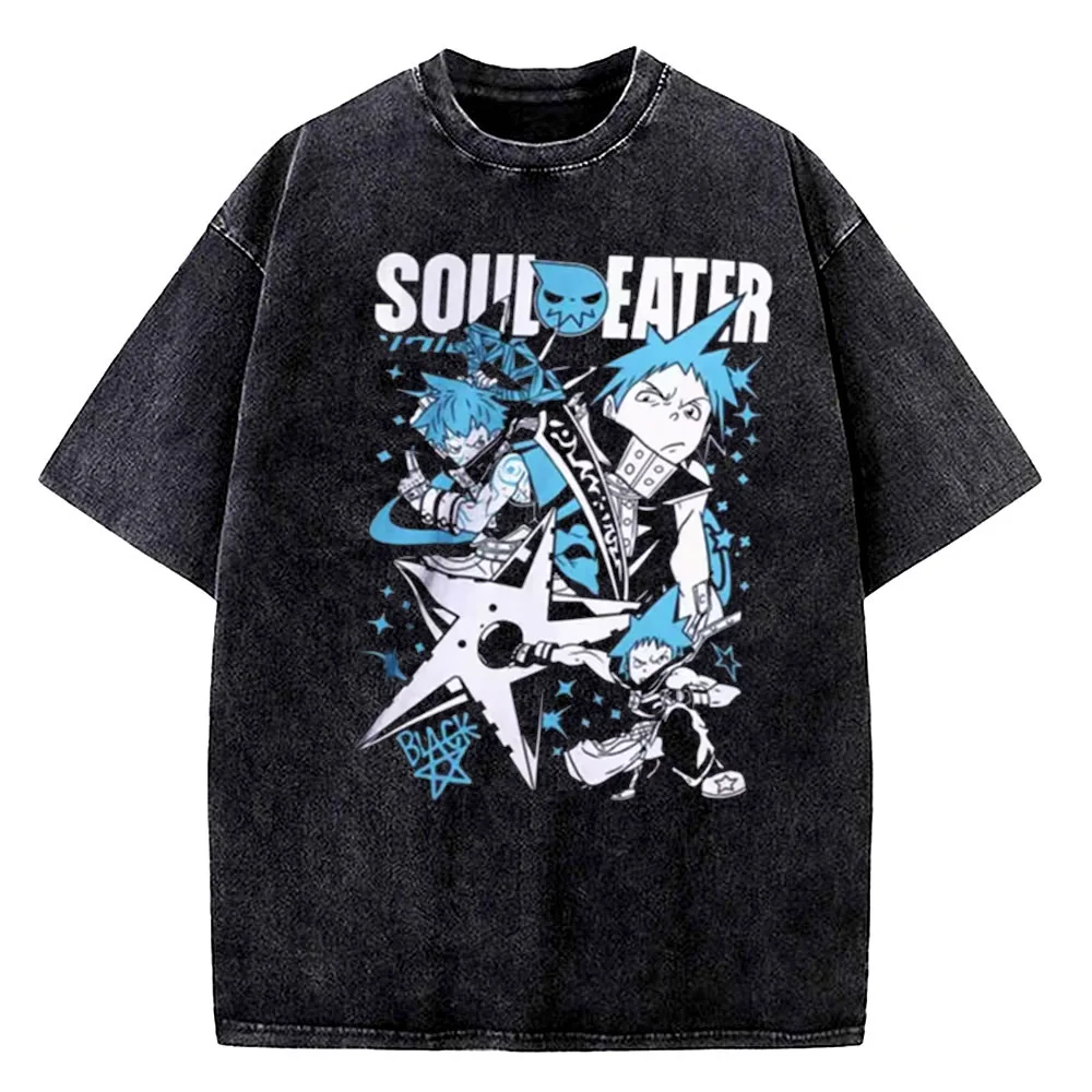 Soul Eater cotton Vintage Washed top tees teen Digital Trendy Grunge streetwear kawaii Breathable Punk 80s women Classic