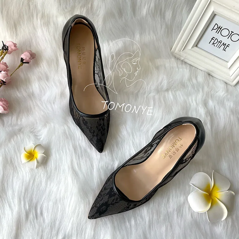 TOMONYE Sexy Hot Sale Black Mesh  Grenadine Hollowed-Out Spring Shoes 12cm Pump Heel Big Size 44 45 46 Discount Brand Designer