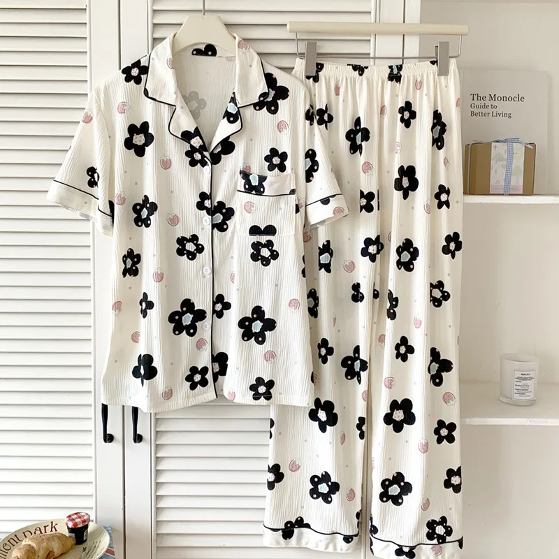 Cotton Short Sleeve Pants Floral Print Woman Satin Pajama Sets Ensembles 2 Piece Lady Outfit Lounge Women Pijama Sleepwear Pj