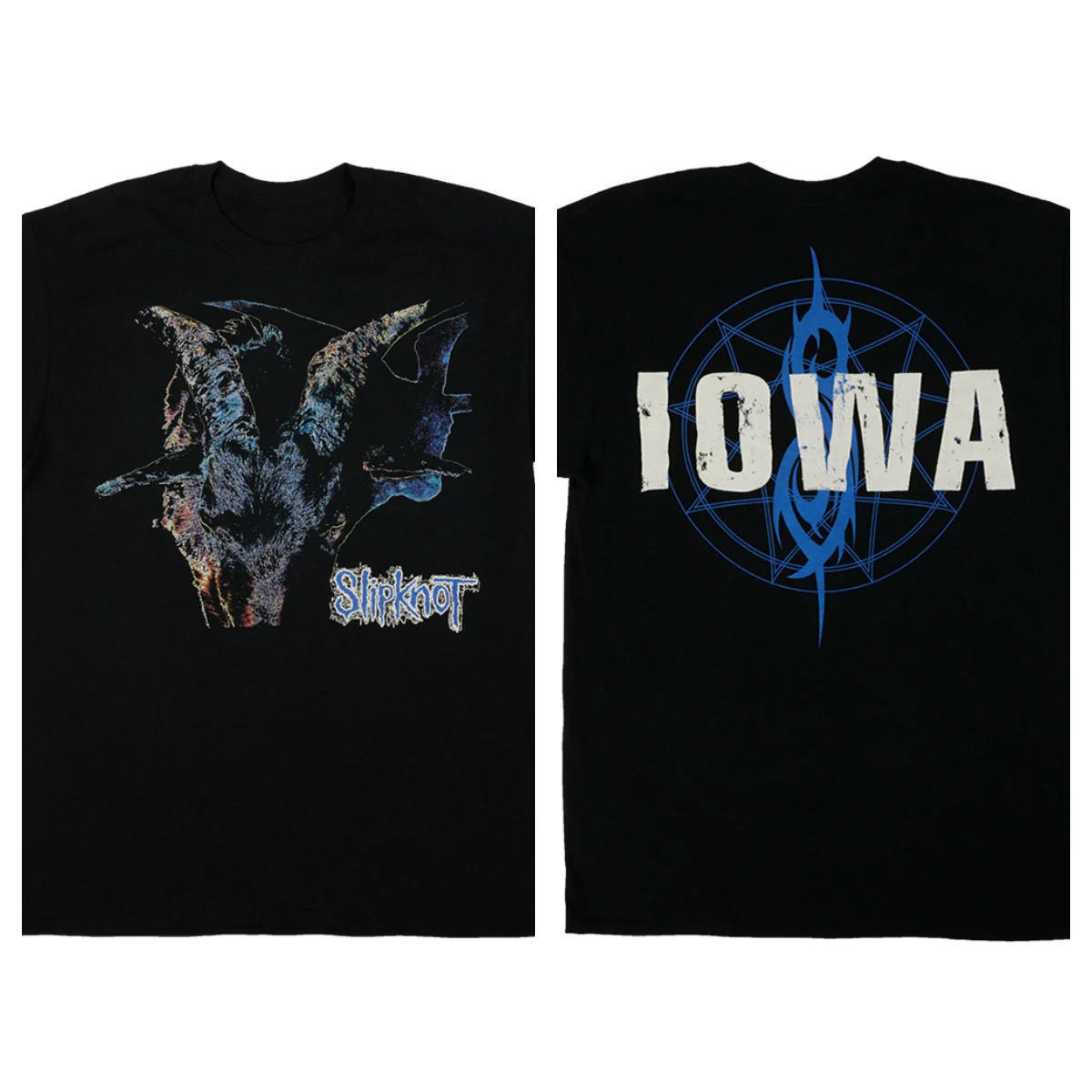 Camiseta con temática del álbum Slipknot Iowa (arte del cráneo de cabra + diseño de título del álbum + diseño de tótem vertical "S" + abanico del álbum clásico Nu-Metal