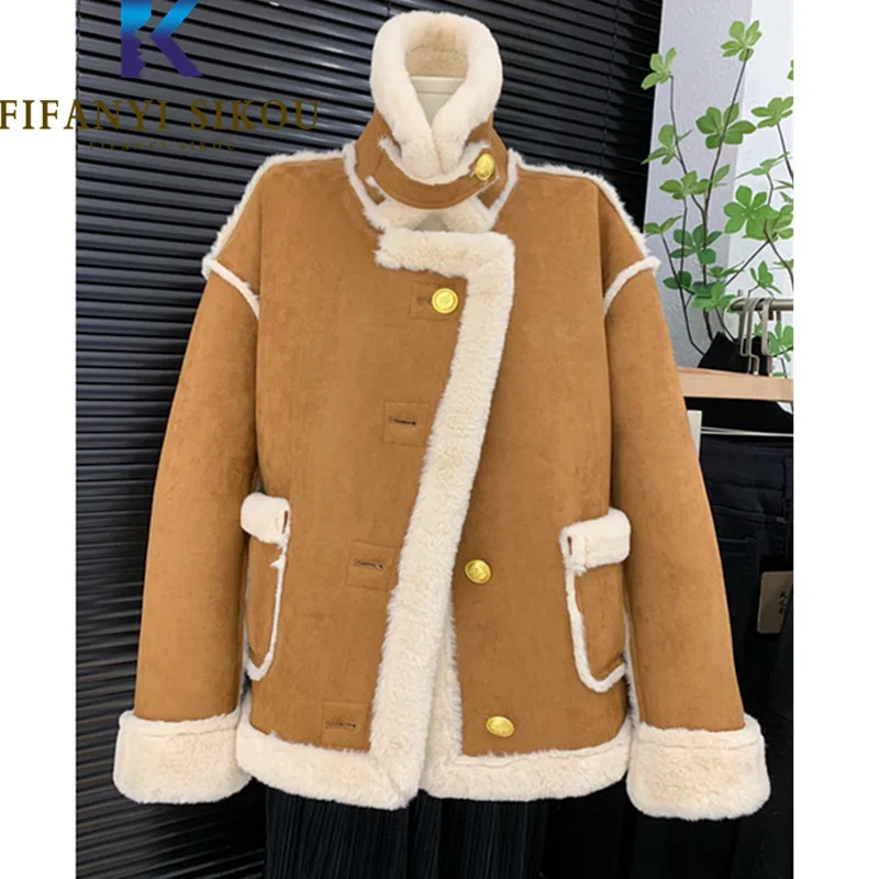 Suede Jacket Women Winter Coat Single Breasted Spliced Fashion Motorcycle Coat Thick Warm Faux Lamb Wool Leather Jacket Female