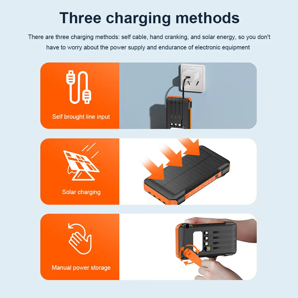 20000mAh Portable Solar Power Bank With Hand Crank Battery Charger Built in cable Powerbank for iPhone 15 Xiaomi Samsung Huawei