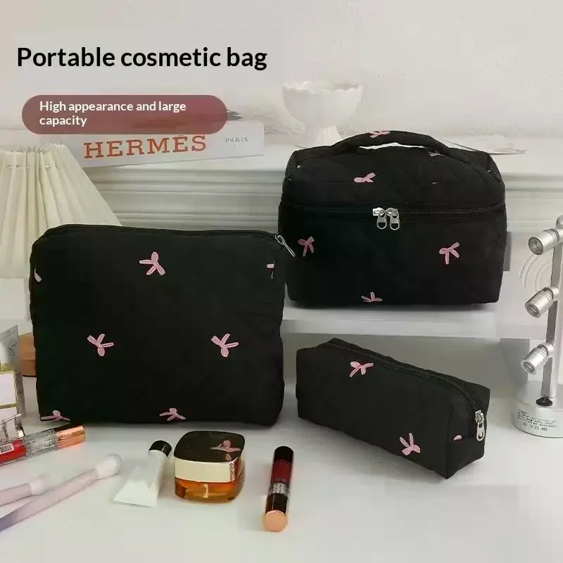1/3 Pcs Black Women Portable Makeup Bag Large Capacity Bow Quilting Cosmetic Pouch Travel Toiletry Storage Bag