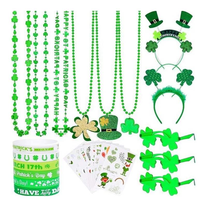 Patrick's Day Dressing-up Accessories Set Party Favor Shamrock Eyeglasses Necklace Shamrock Stickers Bracelets DXAA